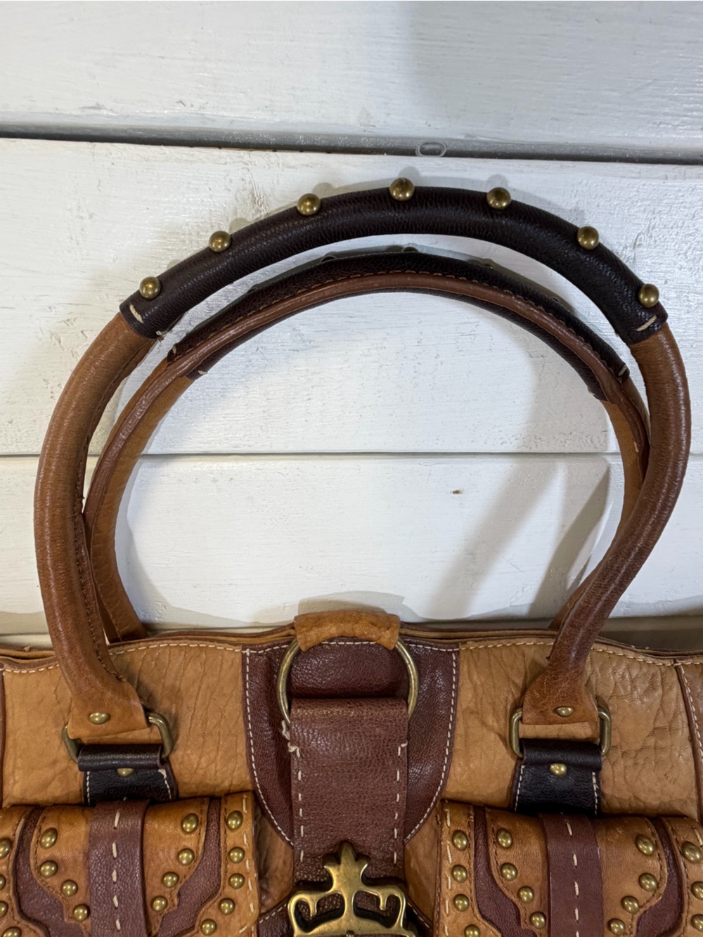 Betsey Johnson Leather Studded Buckle Tote Shoulder Bag Brown Western Y2K - Picture 4 of 10
